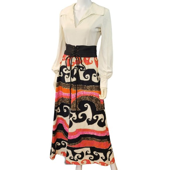 60s Miss Bullock Cotton Barkcloth Wave Maxi Dress - Picture 3 of 7